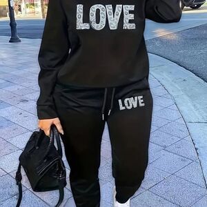 Two-piece Set Crew Neck Long Sleeve Top & Drawstring Pants Love Print